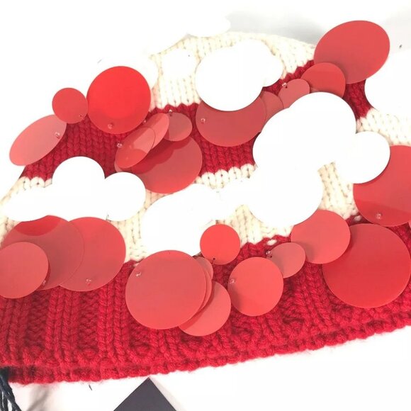 PRADA Sequin Knit hat Cashmere Red/White Unused - Picture 4 of 16